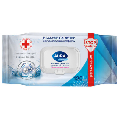 Салфетки влажные AURA Family антибактериальные 120 шт крышка клапан 92342/117687
