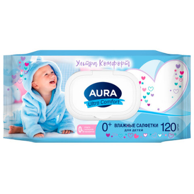 Салфетки влажные AURA Ultra Comfort детские 120 шт крышка клапан 117688