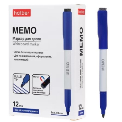 Фото Маркер для доски 2мм синий пулевидный на магните со стирателем Hatber Memo WB_088767 от производителя, с доставкой по Хабаровску