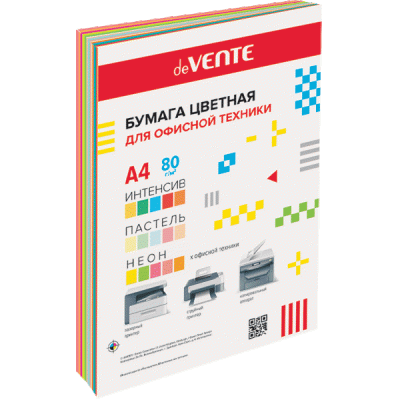 Бумага цветная А4 80г и 75г 30л 15цв х 1л (5неон 5пастель 5интенсив) deVENTE 2072259