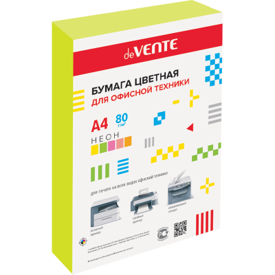 Бумага цветная А4 75г 500л неон желтая deVENTE 2072504
