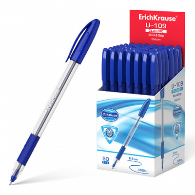 Фото Ручка шар 1,0 синяя с грипом игольчатый узел ErichKrause Classic Stick&Grip U-109 47574 (50) от производителя, с доставкой по Хабаровску