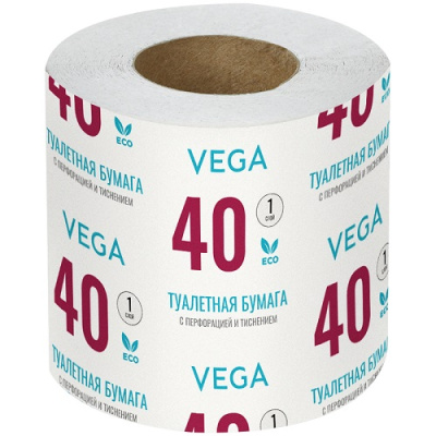 Бумага туалетная 1-сл с втулкой Vega 40м с перфорацией белая 339243