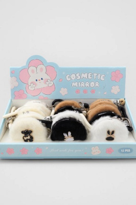 Зеркало-брелок раскладное плюшевое Зайка черное 50-3122-03