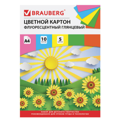 Фото Набор цв картона А4 10л 5цв мелованный флуоресцентный BRAUBERG Лето 129918 от производителя, с доставкой по Хабаровску