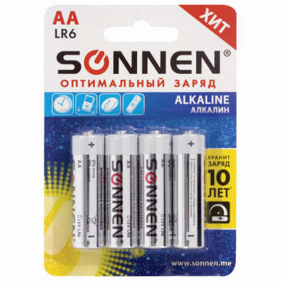 Фото Батарейка SONNEN Alkaline АА (LR6, 15А) 4шт 451085 от производителя, с доставкой по Хабаровску