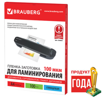 Фото Пленка для ламинирования А4 (216х303мм) 100мкм 100л глянцевая BRAUBERG 530801 от производителя, с доставкой по Хабаровску