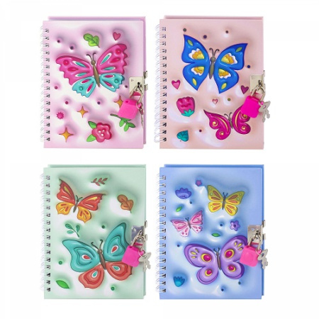 Фото Подарочный блокнот 150х110мм 48л клетка на гребне с замочком Объемные бабочки ассорти AL11314 от производителя, с доставкой по Хабаровску